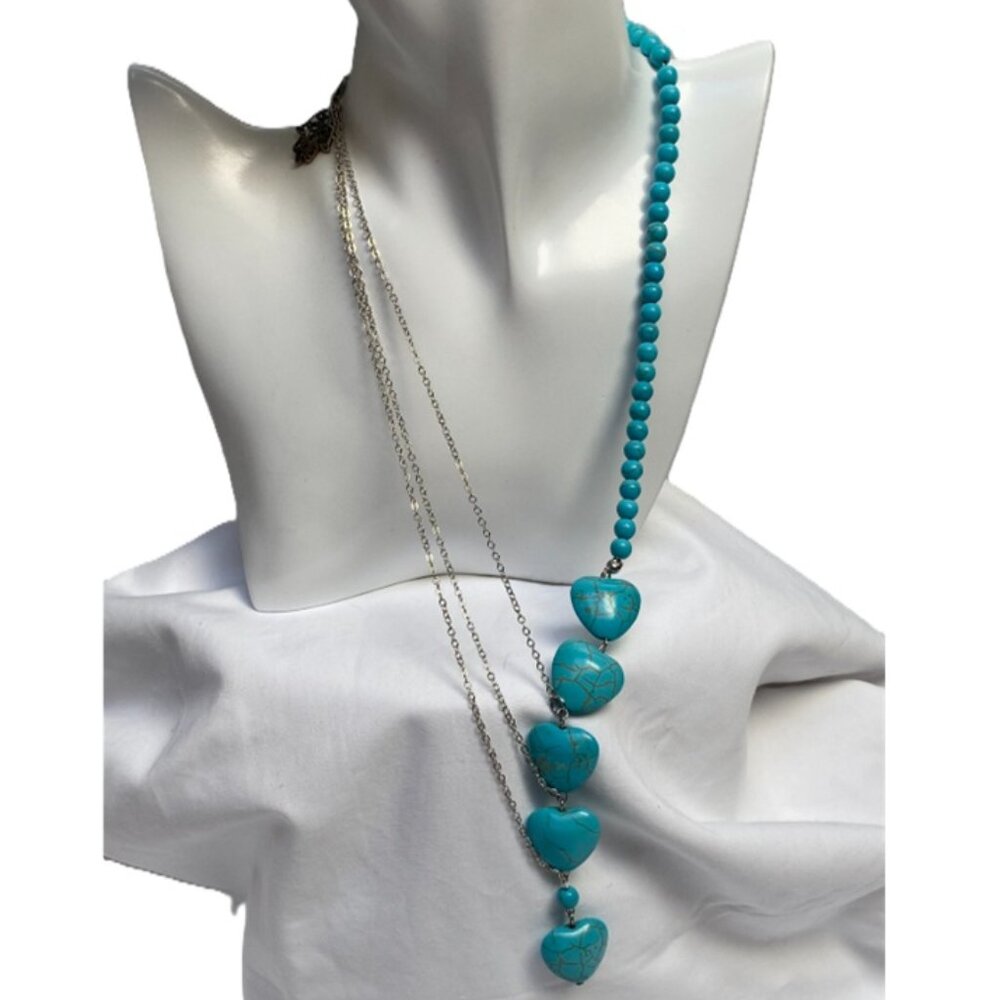 Unique Turquoise & Layered Sterling Silver Chain  Drop Heart Necklace - Picture 2 of 6